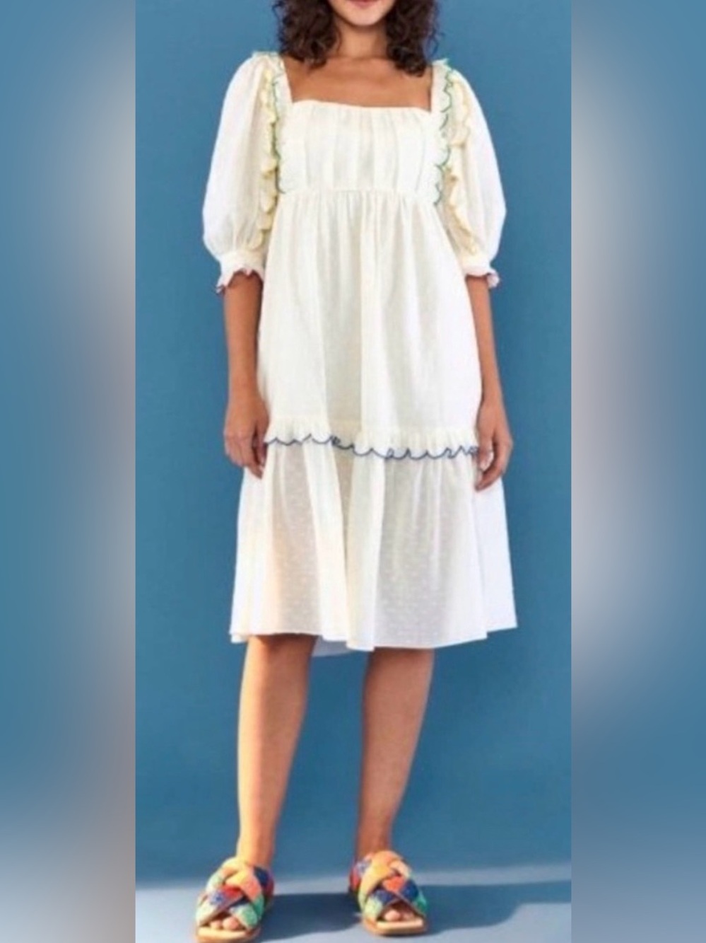 EUC Farm Rio White Ruffle Tiered Midi Dress Size Sm
